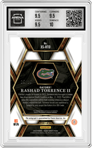 Rashad Torrence II from the 2023 Panini Select Draft Picks set featuring a Tie-Dye parallel graded by Arena Club and given an overall grade of 10.