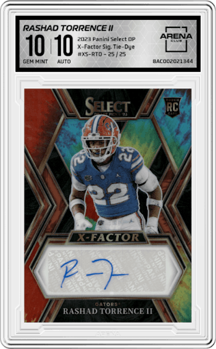 Rashad Torrence II from the 2023 Panini Select Draft Picks set featuring a Tie-Dye parallel graded by Arena Club and given an overall grade of 10.
