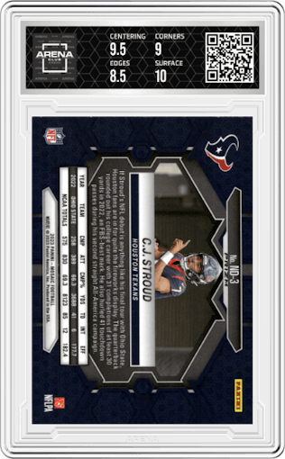 C.J. Stroud from the 2022 Panini Mosaic set featuring a Green Mosaic parallel graded by Arena Club and given an overall grade of 9.
