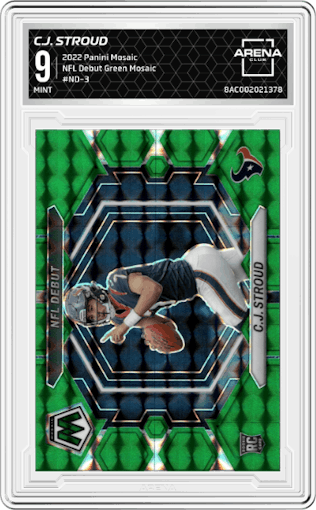 C.J. Stroud from the 2022 Panini Mosaic set featuring a Green Mosaic parallel graded by Arena Club and given an overall grade of 9.