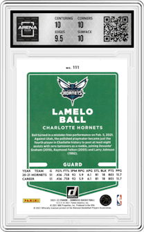 LaMelo Ball from the 2021-22 Panini Donruss set featuring a  Blue Holo Laser parallel graded by Arena Club and given an overall grade of 10.