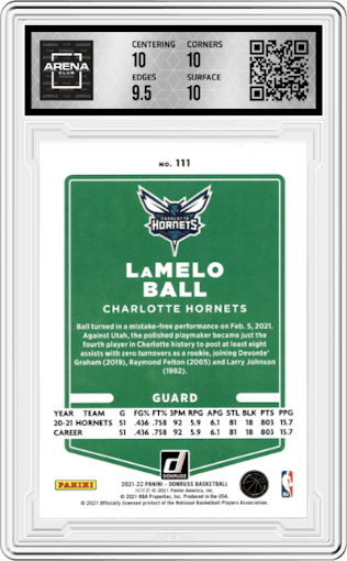LaMelo Ball from the 2021-22 Panini Donruss set featuring a  Blue Holo Laser parallel graded by Arena Club and given an overall grade of 10.