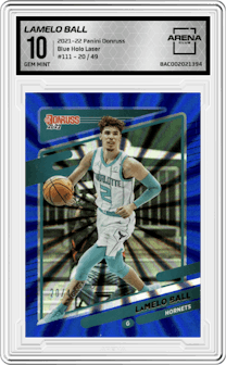 LaMelo Ball from the 2021-22 Panini Donruss set featuring a  Blue Holo Laser parallel graded by Arena Club and given an overall grade of 10.