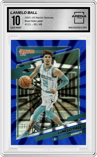 LaMelo Ball from the 2021-22 Panini Donruss set featuring a  Blue Holo Laser parallel graded by Arena Club and given an overall grade of 10.