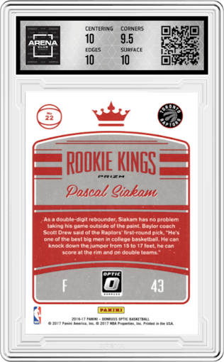 Pascal Siakam from the 2016-17 Panini Donruss Optic set featuring a Purple parallel graded by Arena Club and given an overall grade of 10.