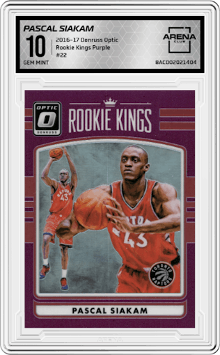 Pascal Siakam from the 2016-17 Panini Donruss Optic set featuring a Purple parallel graded by Arena Club and given an overall grade of 10.