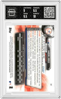Aaron Judge from the 2017 Bowman set graded by Arena Club and given an overall grade of 9.5.