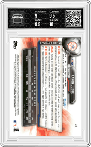 Aaron Judge from the 2017 Bowman set graded by Arena Club and given an overall grade of 9.5.