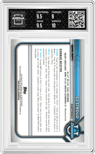 CJ Stroud from the 2021-22 Bowman University set graded by Arena Club and given an overall grade of 9.5.