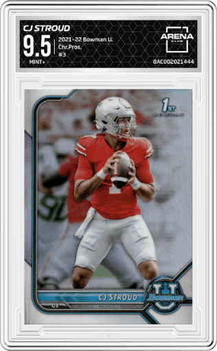 CJ Stroud from the 2021-22 Bowman University set graded by Arena Club and given an overall grade of 9.5.
