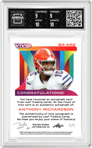Anthony Richardson from the 2023 Leaf Vivid set featuring a Teal Crystal parallel graded by Arena Club and given an overall grade of 9.5.