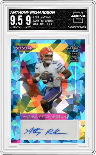 Anthony Richardson from the 2023 Leaf Vivid set featuring a Teal Crystal parallel graded by Arena Club and given an overall grade of 9.5.