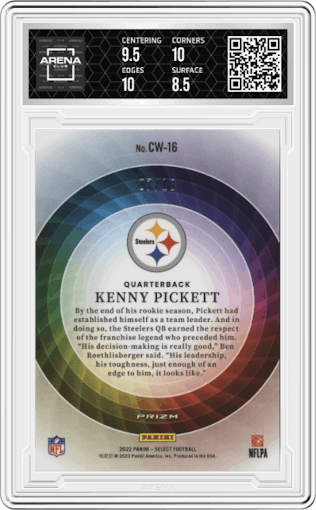 Kenny Pickett from the 2022 Panini Select set featuring a Gold Prizm parallel graded by Arena Club and given an overall grade of 9.