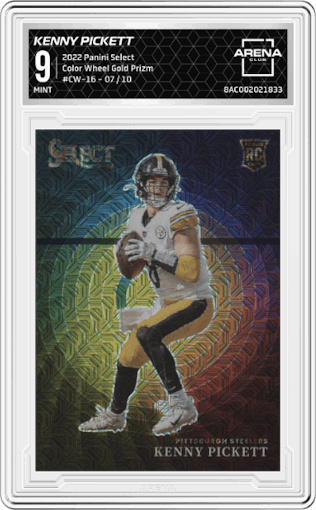 Kenny Pickett from the 2022 Panini Select set featuring a Gold Prizm parallel graded by Arena Club and given an overall grade of 9.