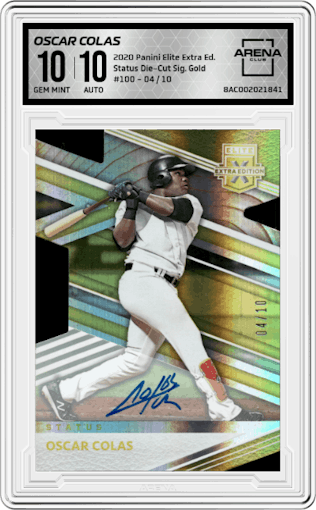 Oscar Colas from the 2020 Panini Elite Extra Edition set featuring a Gold Die-Cut parallel graded by Arena Club and given an overall grade of 10.
