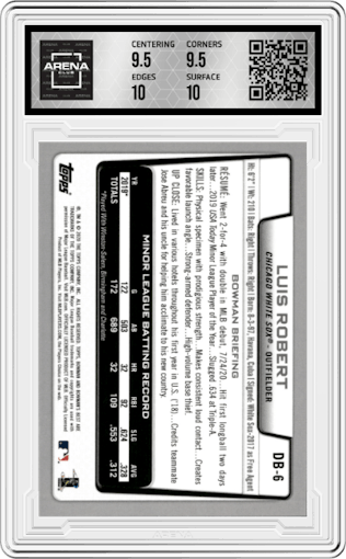Luis Robert from the 2020 Bowman’s Best set featuring a Atomic Refractor parallel graded by Arena Club and given an overall grade of 10.