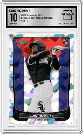 Luis Robert from the 2020 Bowman’s Best set featuring a Atomic Refractor parallel graded by Arena Club and given an overall grade of 10.