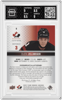 Olen Zellweger from the 2022 Upper Deck Team Canada Juniors and Odds set graded by Arena Club and given an overall grade of 9.