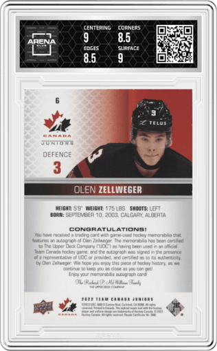Olen Zellweger from the 2022 Upper Deck Team Canada Juniors and Odds set graded by Arena Club and given an overall grade of 9.