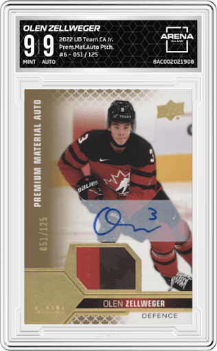 Olen Zellweger from the 2022 Upper Deck Team Canada Juniors and Odds set graded by Arena Club and given an overall grade of 9.