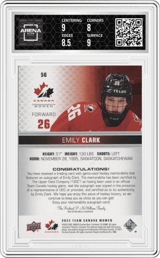Emily Clark from the 2022-23 Upper Deck Team Canada Juniors set graded by Arena Club and given an overall grade of 8.5.