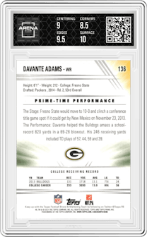 Davante Adams from the 2014 Topps Prime set featuring a Silver Rainbow parallel graded by Arena Club and given an overall grade of 9.