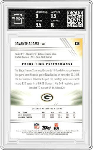 Davante Adams from the 2014 Topps Prime set featuring a Silver Rainbow parallel graded by Arena Club and given an overall grade of 9.