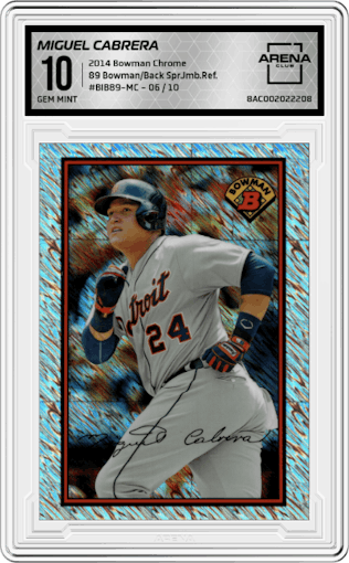 Miguel Cabrera from the 2014 Bowman Chrome set featuring a Super Jumbo Refractor parallel graded by Arena Club and given an overall grade of 10.