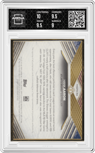Hank Aaron from the 2021 Topps Transcendent Collection Hall of Fame Edition set graded by Arena Club and given an overall grade of 9.5.