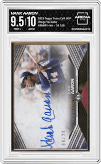 Hank Aaron from the 2021 Topps Transcendent Collection Hall of Fame Edition set graded by Arena Club and given an overall grade of 9.5.