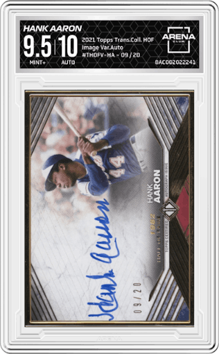 Hank Aaron from the 2021 Topps Transcendent Collection Hall of Fame Edition set graded by Arena Club and given an overall grade of 9.5.