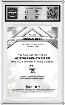 Jordan Beck from the 2023 Bowman Sterling set featuring a Wave Refractor parallel graded by Arena Club and given an overall grade of 10.