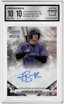 Jordan Beck from the 2023 Bowman Sterling set featuring a Wave Refractor parallel graded by Arena Club and given an overall grade of 10.
