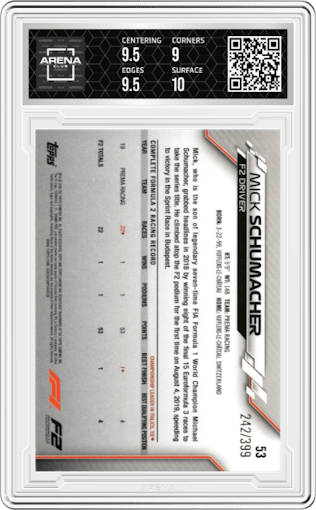 Mick Schumacher from the 2020 Topps Chrome F1  set featuring a Purple Refractor parallel graded by Arena Club and given an overall grade of 9.5.