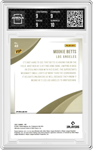Mookie Betts from the 2021 Panini The National VIP set featuring a Zebra parallel graded by Arena Club and given an overall grade of 9.5.