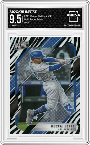 Mookie Betts from the 2021 Panini The National VIP set featuring a Zebra parallel graded by Arena Club and given an overall grade of 9.5.