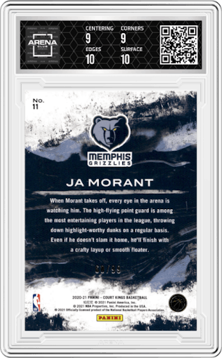 Ja Morant from the 2020-21 Panini Court Kings set featuring a Amethyst parallel graded by Arena Club and given an overall grade of 9.5.