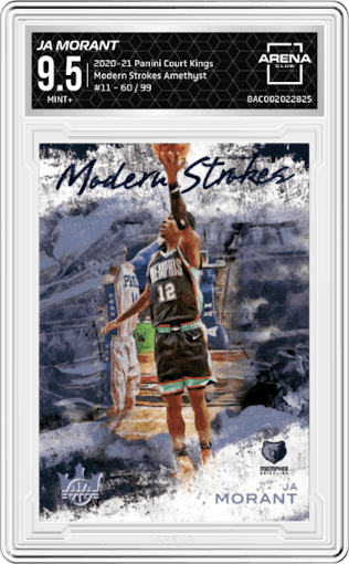 Ja Morant from the 2020-21 Panini Court Kings set featuring a Amethyst parallel graded by Arena Club and given an overall grade of 9.5.