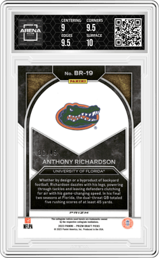 Anthony Richardson from the 2023 Panini Prizm Draft Picks set featuring a Orange Pulsar parallel graded by Arena Club and given an overall grade of 9.5.