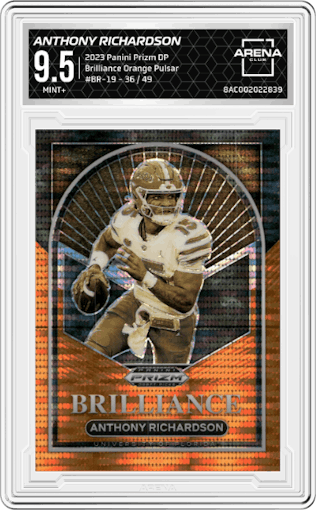 Anthony Richardson from the 2023 Panini Prizm Draft Picks set featuring a Orange Pulsar parallel graded by Arena Club and given an overall grade of 9.5.