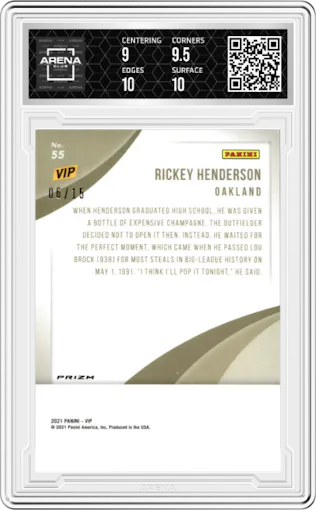 Rickey Henderson from the 2022 Panini The National VIP set featuring a Blue Camo parallel graded by Arena Club and given an overall grade of 9.5.
