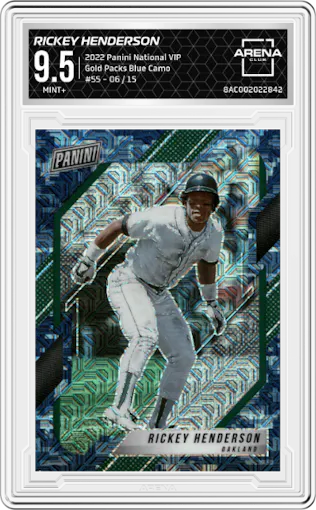 Rickey Henderson from the 2022 Panini The National VIP set featuring a Blue Camo parallel graded by Arena Club and given an overall grade of 9.5.