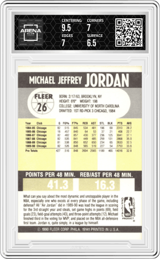 Michael Jordan from the 1990-91 Fleer set graded by Arena Club and given an overall grade of 7.