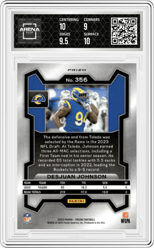 Desjuan Johnson from the 2023 Panini Prizm set featuring a Lazer parallel graded by Arena Club and given an overall grade of 9.5.