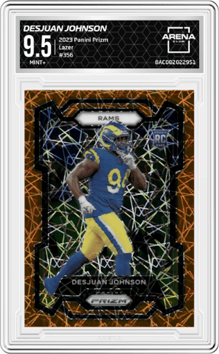 Desjuan Johnson from the 2023 Panini Prizm set featuring a Lazer parallel graded by Arena Club and given an overall grade of 9.5.