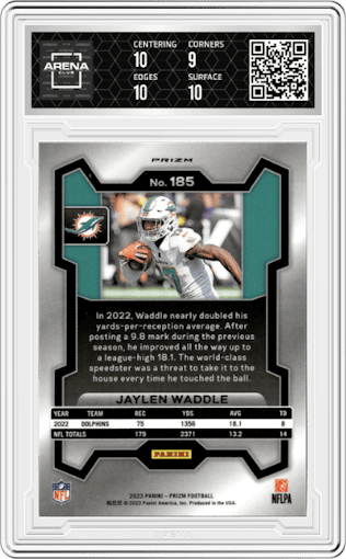 Jaylen Waddle from the 2023 Panini Prizm set featuring a Lazer parallel graded by Arena Club and given an overall grade of 9.5.