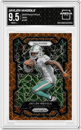Jaylen Waddle from the 2023 Panini Prizm set featuring a Lazer parallel graded by Arena Club and given an overall grade of 9.5.