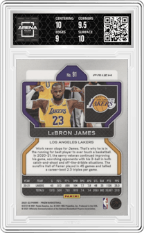 LeBron James from the 2021-22 Panini Prizm  set featuring a Red Ice parallel graded by Arena Club and given an overall grade of 9.5.