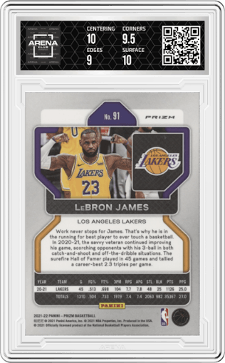 LeBron James from the 2021-22 Panini Prizm  set featuring a Red Ice parallel graded by Arena Club and given an overall grade of 9.5.