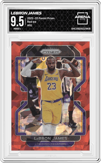 LeBron James from the 2021-22 Panini Prizm  set featuring a Red Ice parallel graded by Arena Club and given an overall grade of 9.5.